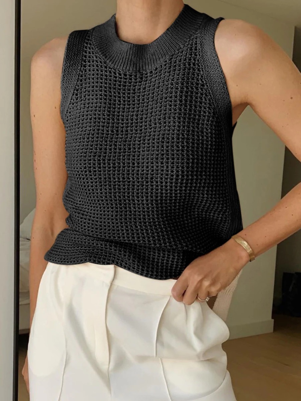 Commense Knit Hollow Solid Tank Top